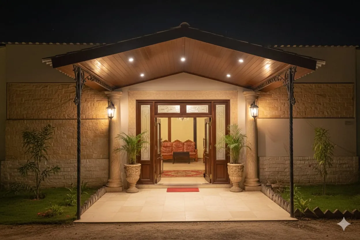 Sundara Resort entrance glowing at night